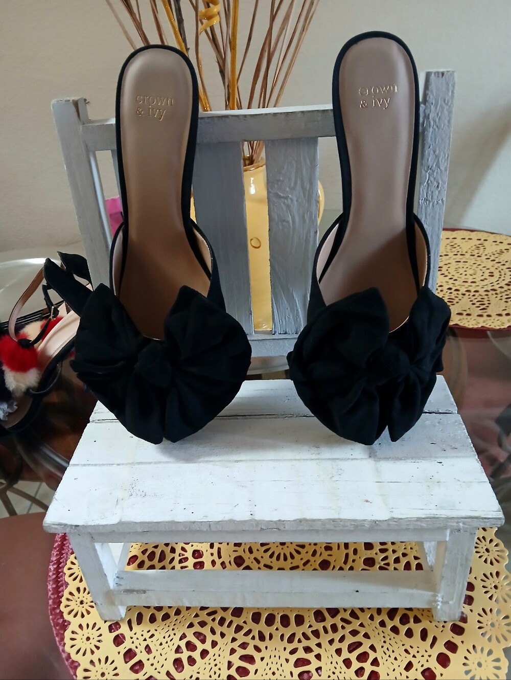 crown & ivy Black Bow Slide Mules